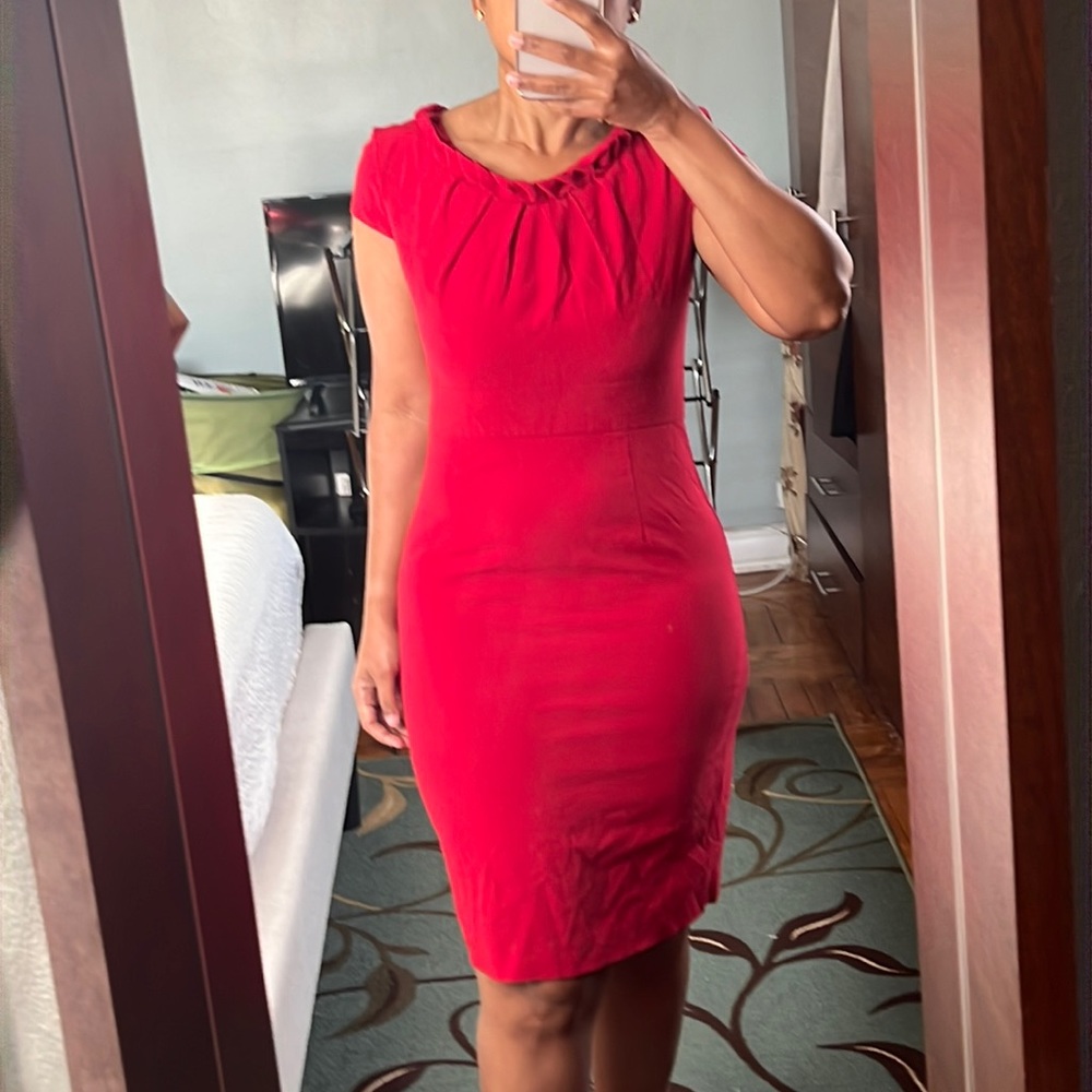 Red Sleeve Shift Dress with braided neck detail - Midi